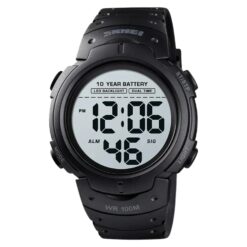 men's digital watch 47mm display, led screen with night light, chronograph, alarm, water resistant