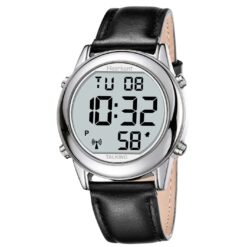 men's digital watch leather strap, 40mm glass display, led, alarm, full calendar