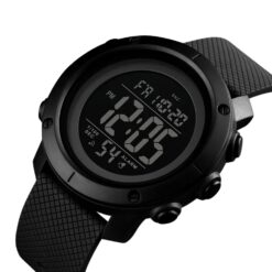 men's digital watch round stainless steel case, 46mm display, stopwatch, chronograph, alarm, water resistant