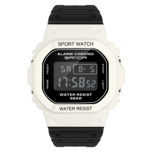 men's digital watch square case, 44mm acrylic display, stopwatch, chronograph, alarm, water resistant