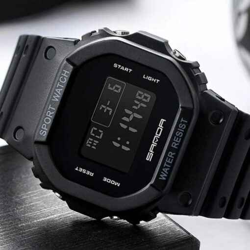 men's digital watch square case, 44mm acrylic display, stopwatch, chronograph, alarm, water resistant