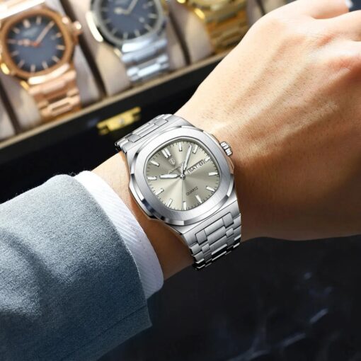 men's analog watch stainless steel strap, hardlex crystal, luminous, water resistant