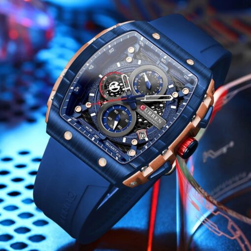 men's analog watch silicone strap, 47mm rectangular hardlex crystal, chronograph and automatic date