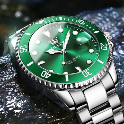 men's analog watch stainless steel strap, round dial, calendar, water resistant