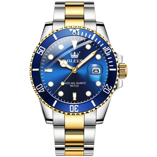 men's analog watch stainless steel strap, round dial, calendar, water resistant