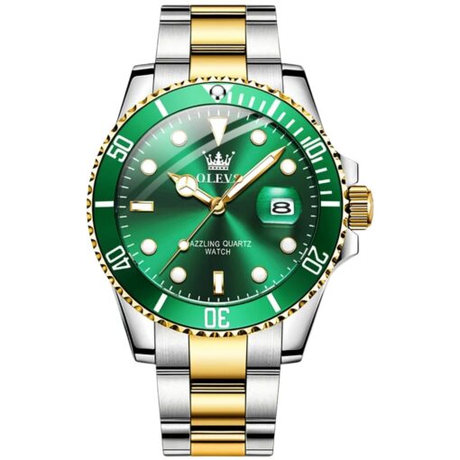 men's analog watch stainless steel strap, round dial, calendar, water resistant