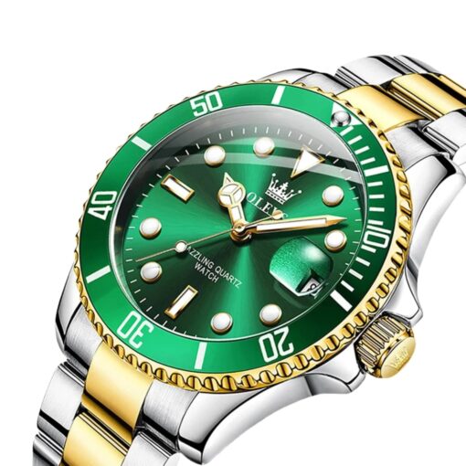 men's analog watch stainless steel strap, round dial, calendar, water resistant