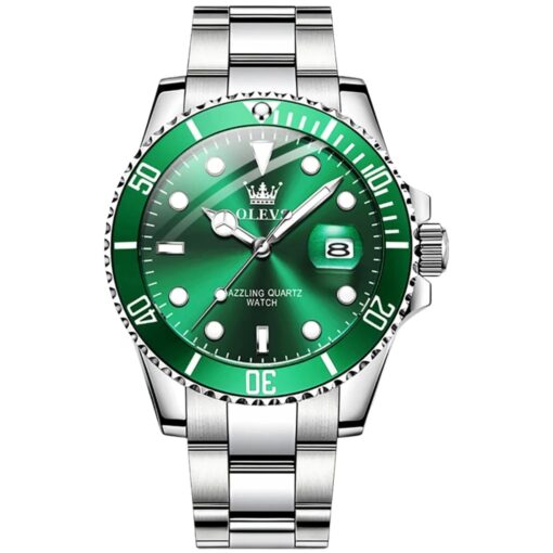 men's analog watch stainless steel strap, round dial, calendar, water resistant