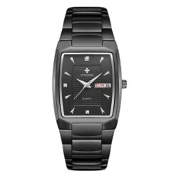 men's analog watch stainless steel strap, rectangular hardlex crystal, calendar, water resistant