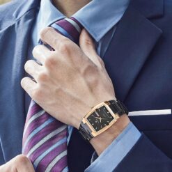 men's analog watch stainless steel strap, rectangular hardlex crystal, calendar, water resistant
