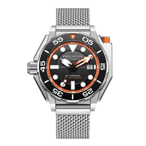 men's automatic analog watch stainless steel strap, 48mm dial, calendar, water resistant