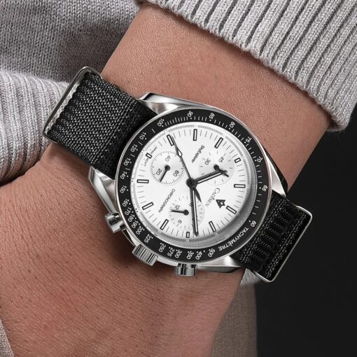 men's analog watch fabric strap, round dial with chronograph, luminous hands, water resistant