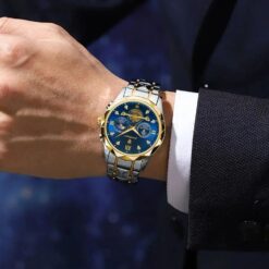men's analog watch stainless steel strap, 44mm round dial, chronograph, luminous hands, water resistant