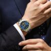 men's analog watch stainless steel strap, 44mm round dial, chronograph, luminous hands, water resistant