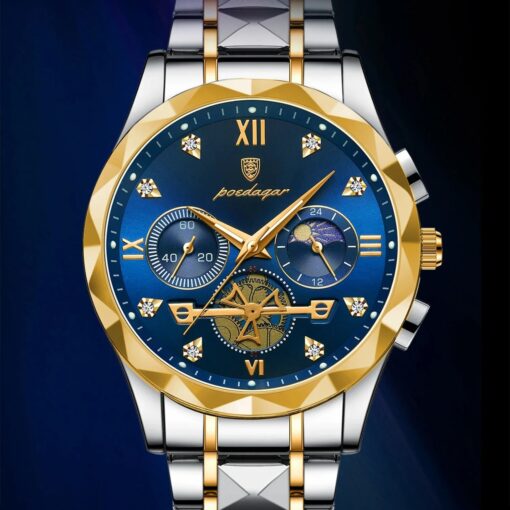 men's analog watch stainless steel strap, 44mm round dial, chronograph, luminous hands, water resistant