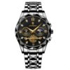 men's analog watch stainless steel strap, 44mm round dial, chronograph, luminous hands, water resistant