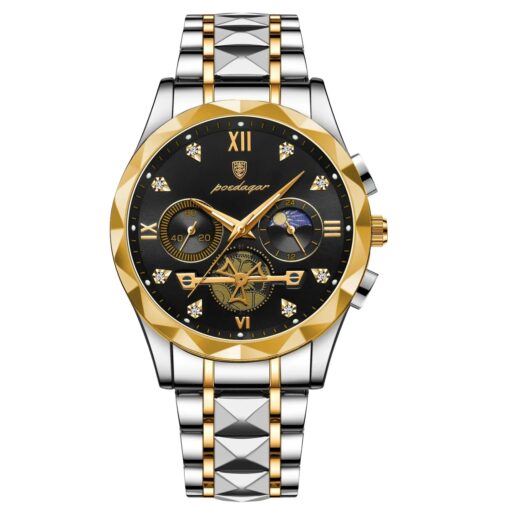 men's analog watch stainless steel strap, 44mm round dial, chronograph, luminous hands, water resistant