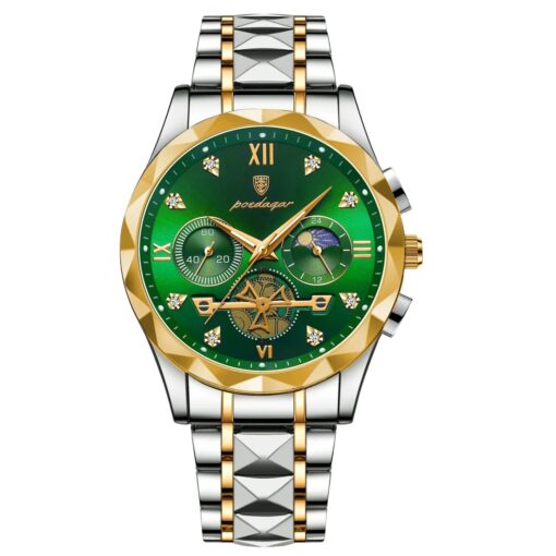 men's analog watch stainless steel strap, 44mm round dial, chronograph, luminous hands, water resistant