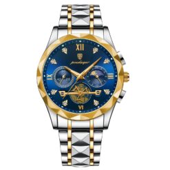 men's analog watch stainless steel strap, 44mm round dial, chronograph, luminous hands, water resistant