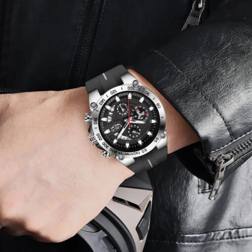 men's analog watch silicone strap, 49mm dial, stopwatch, luminous hands, water resistant
