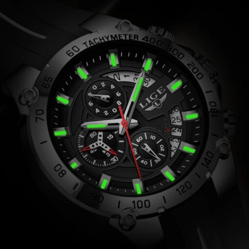 men's analog watch silicone strap, 49mm dial, stopwatch, luminous hands, water resistant