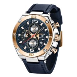 men's analog watch leather strap, 45mm steel case, chronograph, luminous hands, water resistant