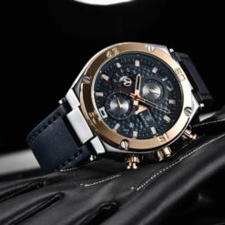 men's analog watch leather strap, 45mm steel case, chronograph, luminous hands, water resistant