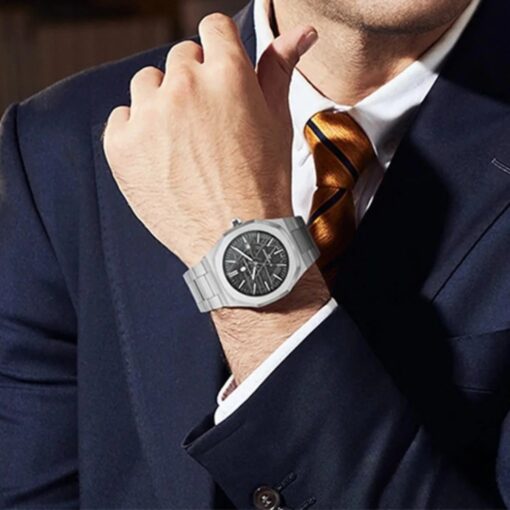 men's analog watch stainless steel strap, 44mm round steel case, luminous hands, water resistant