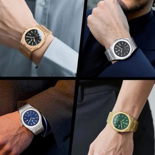 men's analog watch stainless steel strap, 44mm round steel case, luminous hands, water resistant