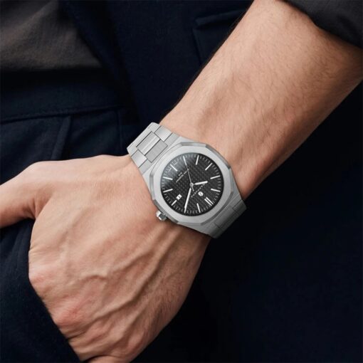 men's analog watch stainless steel strap, 44mm round steel case, luminous hands, water resistant
