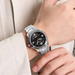men's analog watch – stainless steel strap, luminous hands, water resistant