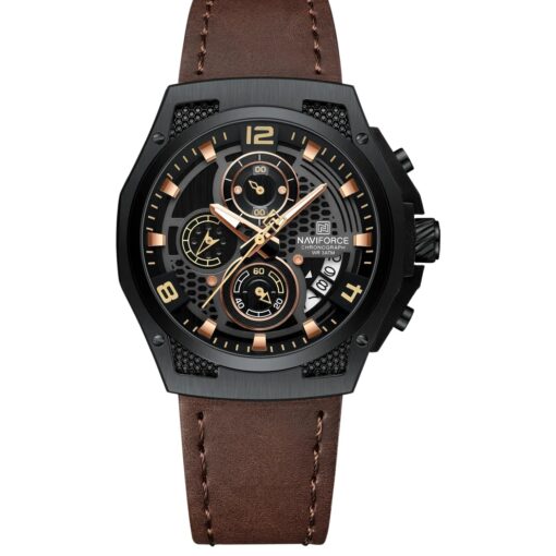 men's analog watch leather strap, 45mm hardlex crystal, led, chronograph, water resistant