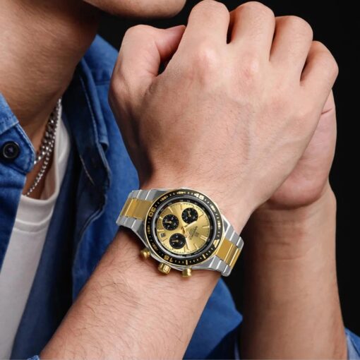 men's analog watch stainless steel strap, hardlex crystal, stopwatch, water resistant