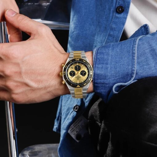 men's analog watch stainless steel strap, hardlex crystal, stopwatch, water resistant