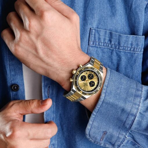 men's analog watch stainless steel strap, hardlex crystal, stopwatch, water resistant