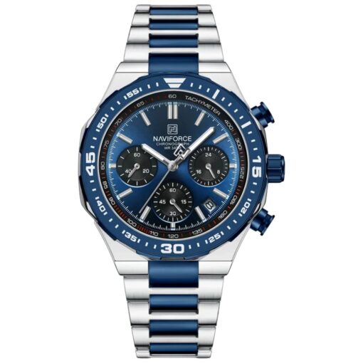 men's analog watch stainless steel strap, hardlex crystal, stopwatch, water resistant