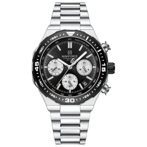 men's analog watch stainless steel strap, hardlex crystal, stopwatch, water resistant