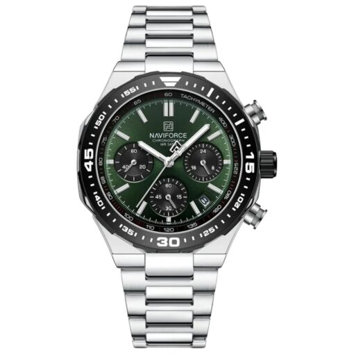 men's analog watch stainless steel strap, hardlex crystal, stopwatch, water resistant