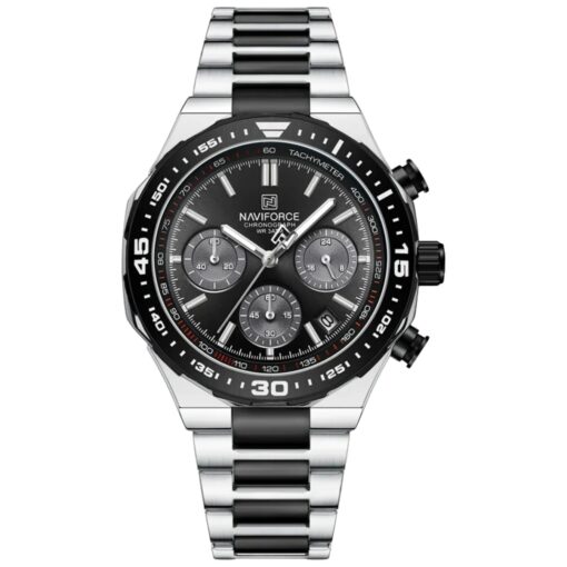 men's analog watch stainless steel strap, hardlex crystal, stopwatch, water resistant