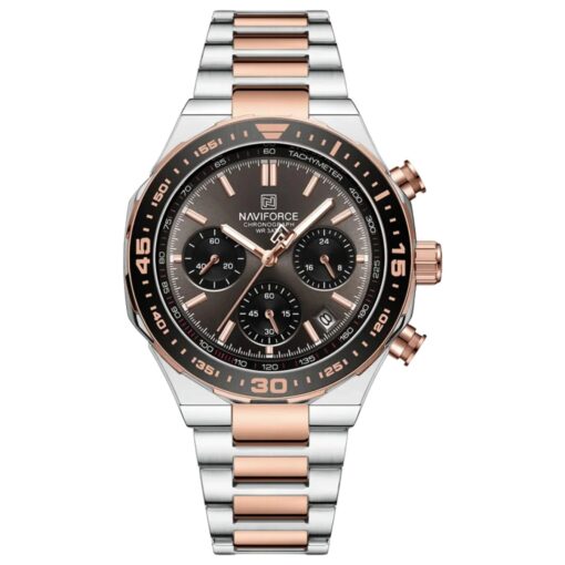 men's analog watch stainless steel strap, hardlex crystal, stopwatch, water resistant