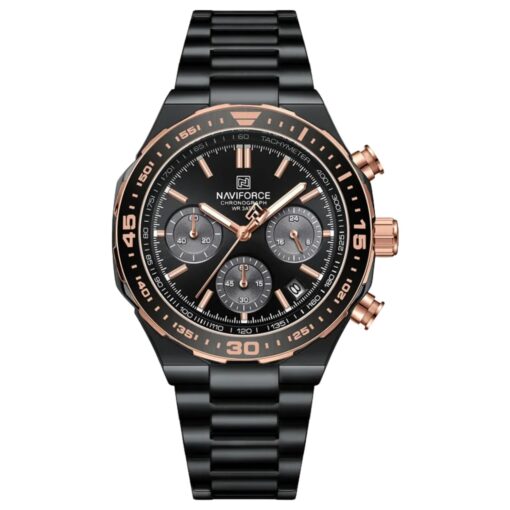 men's analog watch stainless steel strap, hardlex crystal, stopwatch, water resistant