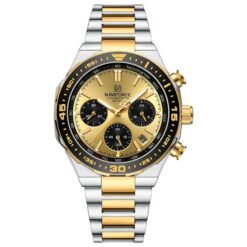 men's analog watch stainless steel strap, hardlex crystal, stopwatch, water resistant