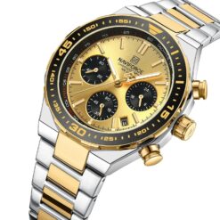 men's analog watch stainless steel strap, hardlex crystal, stopwatch, water resistant