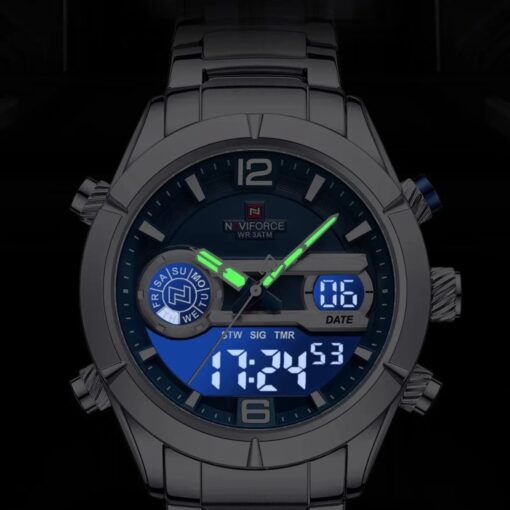 anadigi men's watch stainless steel strap, 45mm dial, led, alarm, calendar, water resistant