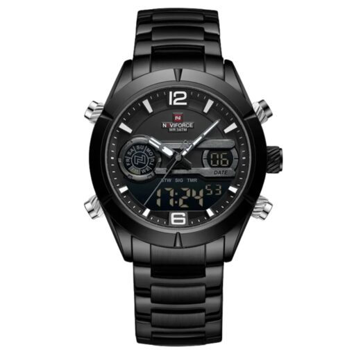 anadigi men's watch stainless steel strap, 45mm dial, led, alarm, calendar, water resistant