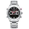 anadigi men's watch stainless steel strap, 45mm dial, led, alarm, calendar, water resistant