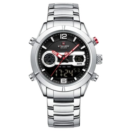 anadigi men's watch stainless steel strap, 45mm dial, led, alarm, calendar, water resistant