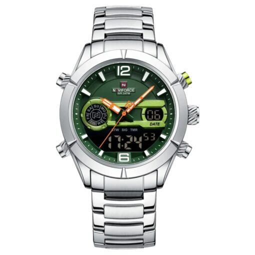 anadigi men's watch stainless steel strap, 45mm dial, led, alarm, calendar, water resistant