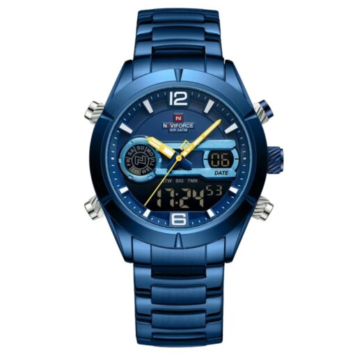 anadigi men's watch stainless steel strap, 45mm dial, led, alarm, calendar, water resistant