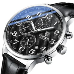 men's analog watch leather strap, 10.5mm case, chronograph, water resistant